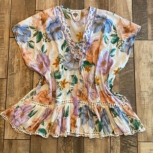 Z & L Floral V-Neck Coverup with Crochet Trim